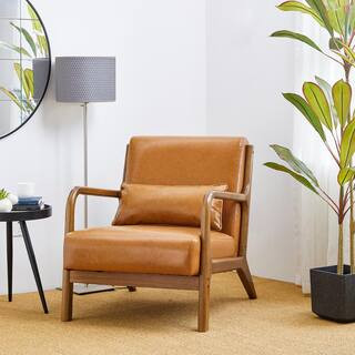 30.00 in. H Mid-Century Modern Yellowish-brown Leatherette Accent Armchair with Walnut Rubber Wood Frame | The Home Depot