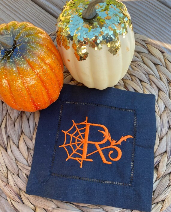 Embroidered Halloween Monogram Cocktail Napkin/ Spider Web | Etsy | Etsy (US)
