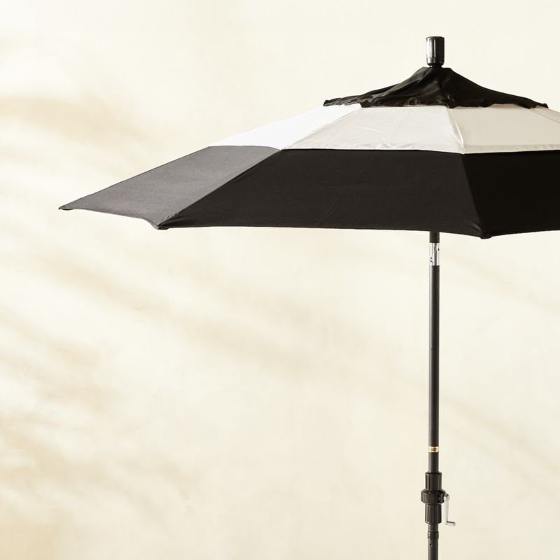Market Round Black & Natural White Stripe Outdoor Umbrella with Black Pole | CB2 | CB2