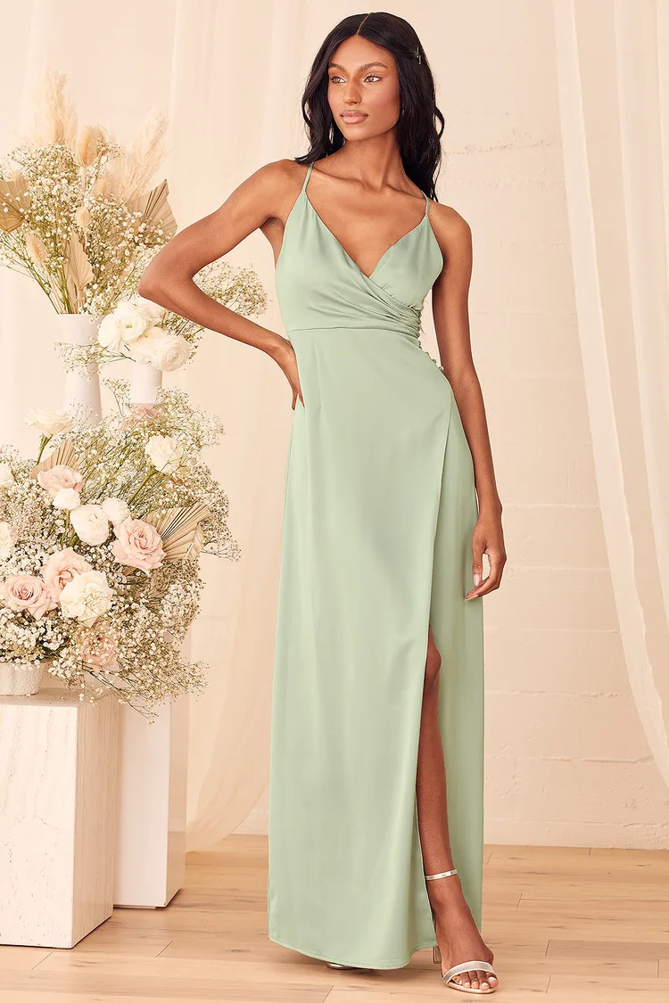 Outstanding Elegance Sage Green Satin Surplice Maxi Dress | Wedding Guest Dress | Mint Bridesmaid  | Lulus (US)
