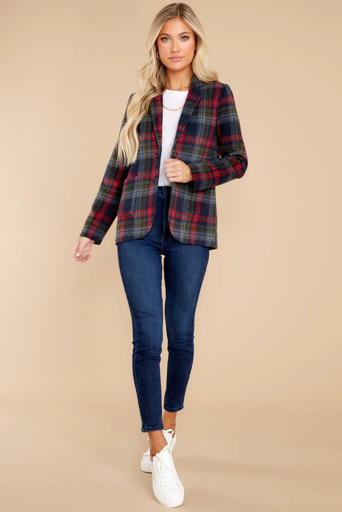 Dressed In Time Navy Plaid Blazer | Red Dress 