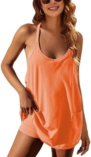 Lentta Womens Athletic Sleeveless Mini Dress with Built-in Shorts V Neck Spaghetti Strap Sundress | Amazon (US)