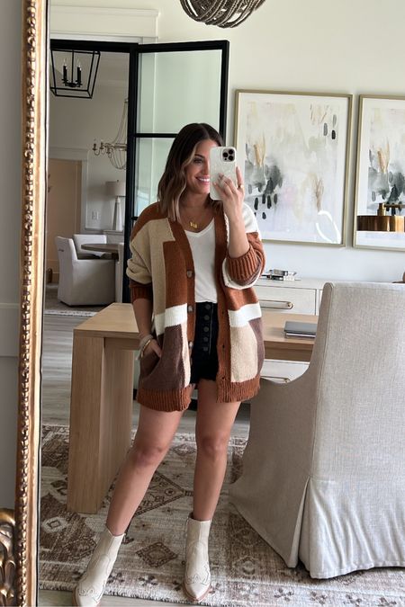 Wearing small in white tee and fall cardigan  (HBDALEXA20 works for 20% off at Red Dress until 8/25/23 at noon) // shorts old from Abercrombie // boots tts // casual fall outfit // 


#LTKstyletip #LTKshoecrush #LTKsalealert