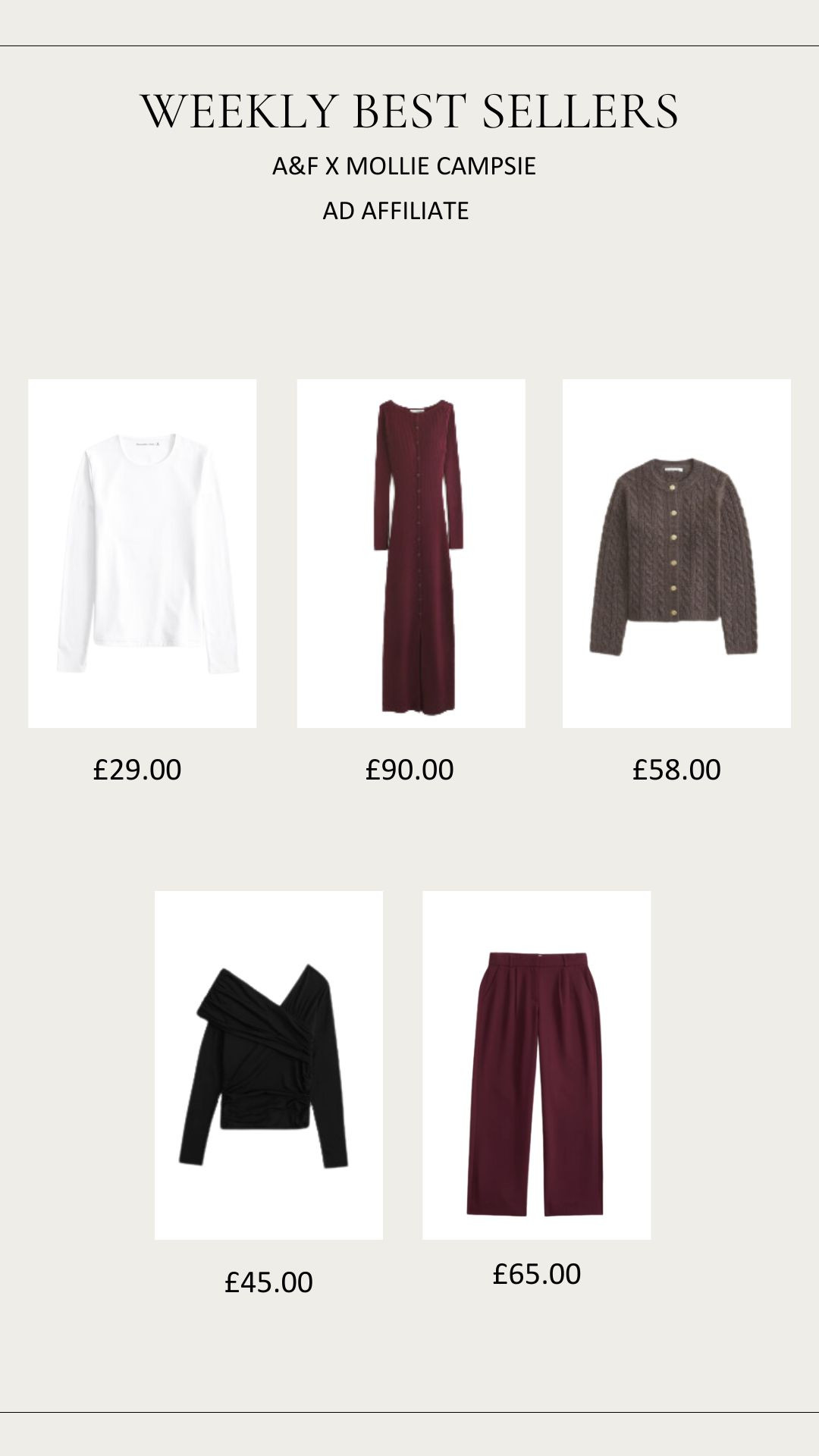 Weekly Best Sellers from my A&F Collection! 

Autumn Winter Style, Autumn Winter Fashion, White Long Sleeve Top, Burgundy Tailored Trousers, Cardigan, Asymmetric Top, Maxi Dress  

 #LTKuk #LTKautumn #LTKwinter