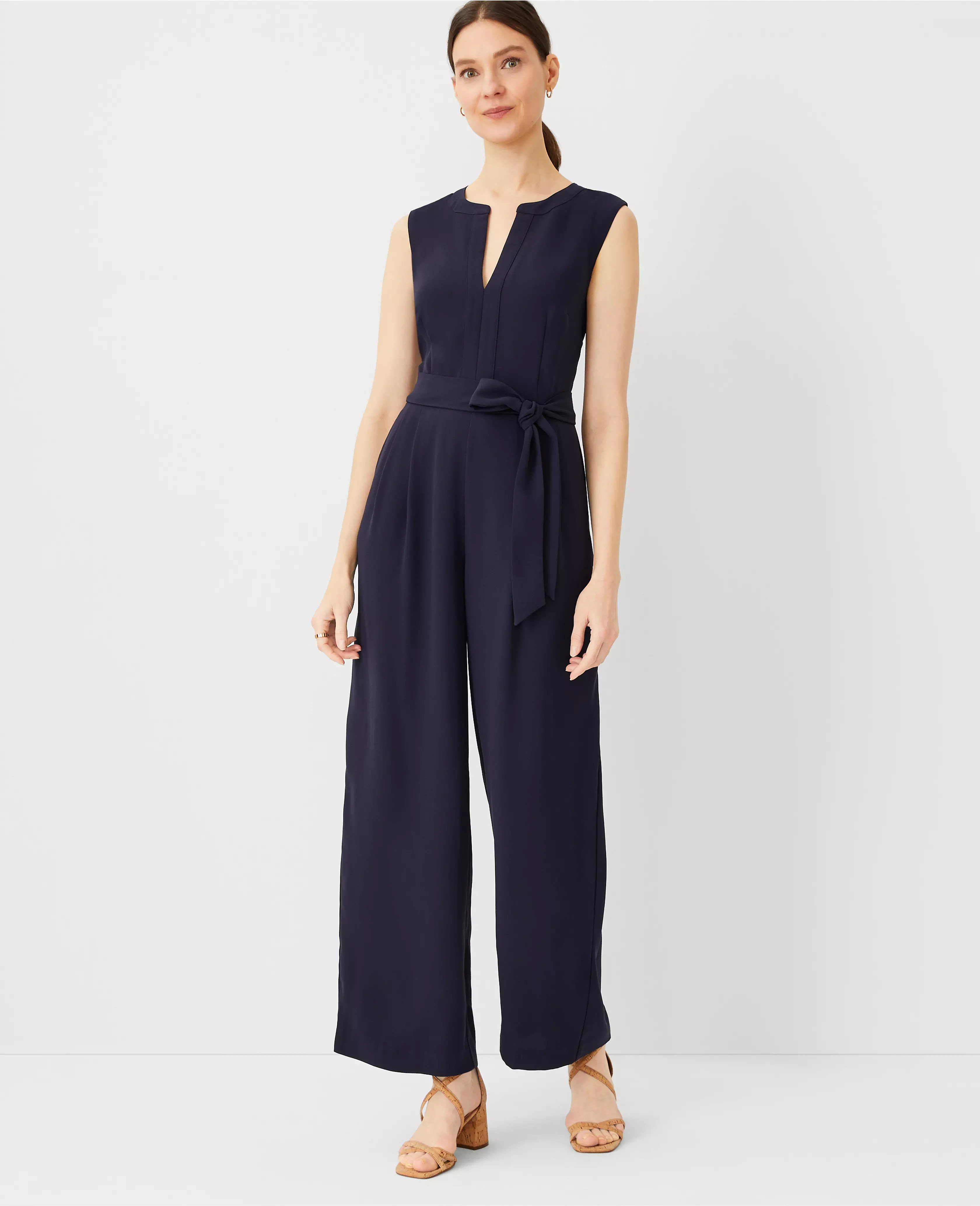 Split Neck Sleeveless Tie Waist Jumpsuit | Ann Taylor (US)