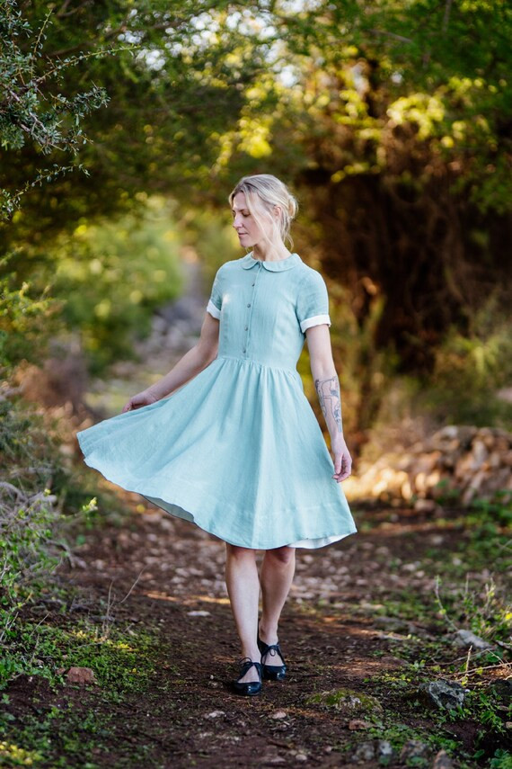 Women Linen Dress, Mint Summer Dress, Summer Dress, Collar Dress, Linen Shirt Dress, Short Prairi... | Etsy (US)