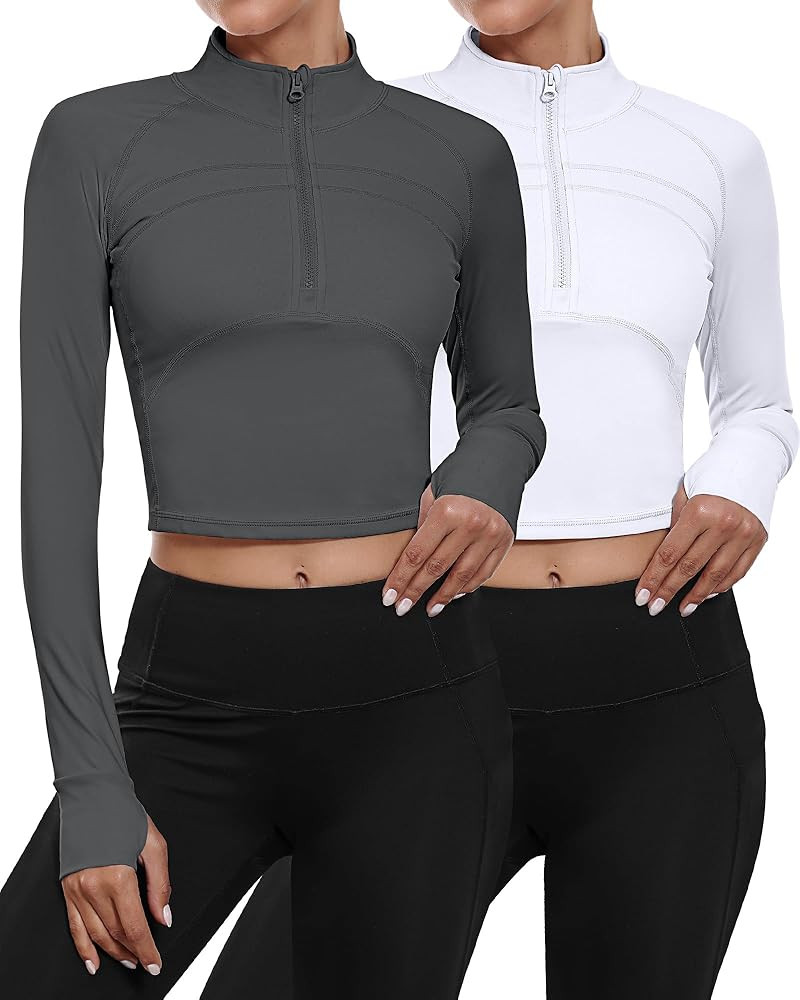 Neer 2 Pack Women's Workout Long Sleeve Jackets, 1/2 Zip Pullover Yoga Crop Tops Slim Fit Running... | Amazon (US)