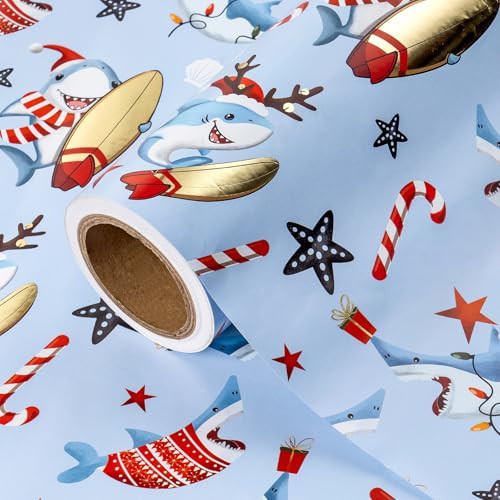 WRAPAHOLIC Shark Christmas Wrapping Paper Roll - Mini Roll - 17 Inch x 16.5 Feet - Christmas Surfing Shark Wrapping Paper for Boys Girls Kids, Holiday, Party Celebration | Amazon (US)