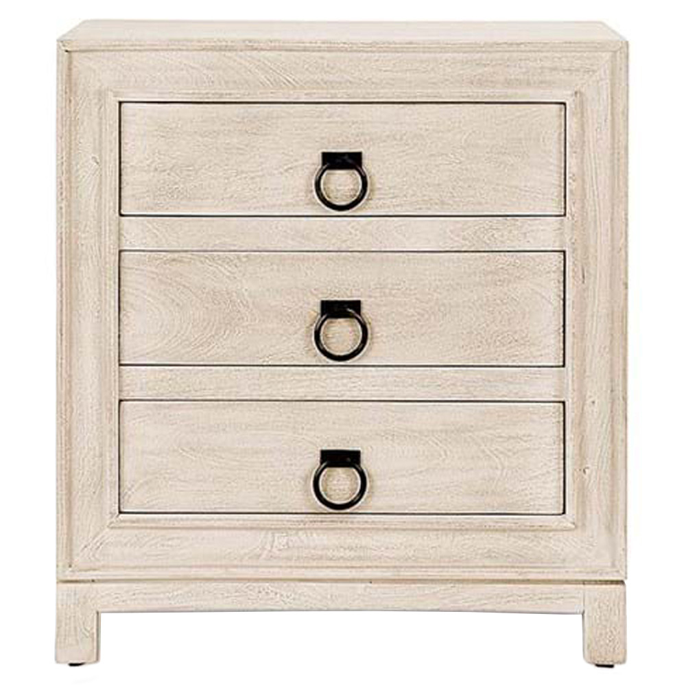Charlotte Coastal Beach Textured Mango Wood 3 Drawer Nightstand | Kathy Kuo Home