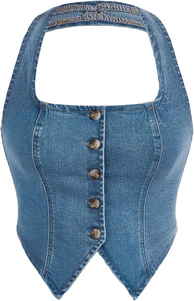 Verdusa Women's Button Front Halter Neck Backless Denim Tank Top Casual Crop Vest | Amazon (US)