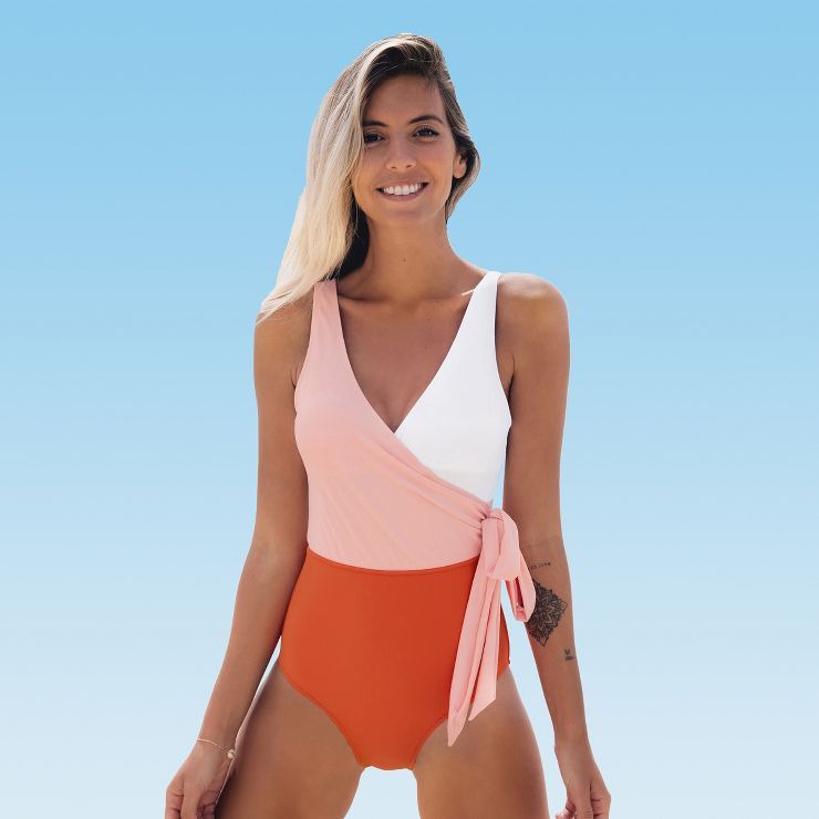 Women's One Piece Swimsuit Wrap Color Block Tie Side Bathing Suit -Cupshe | Target