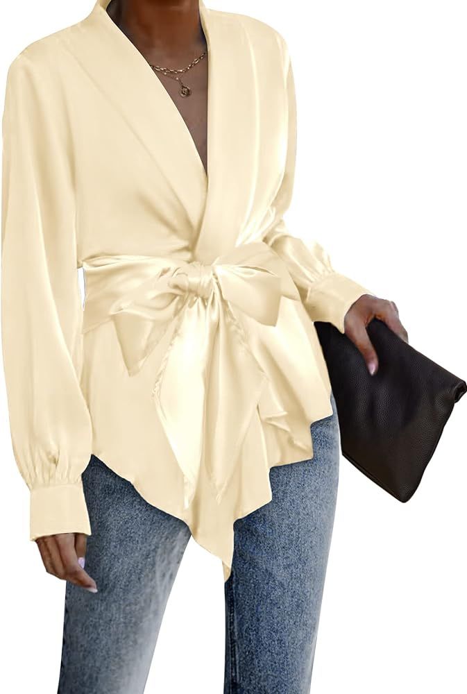 ACEVOG Women's Satin Blouse Wrap Tie Waist or Open Front Shirt Silk Drape Dressy Long Sleeve Top | Amazon (US)