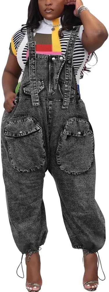 HTD Women's Bib Denim Overalls Loose Wide Leg Jean Jumpsuit With Cargo Pockets | Amazon (US)