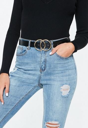 Black Faux Leather Double Ring Waist Belt | Missguided (US & CA)