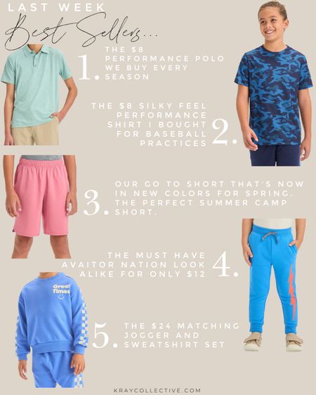 Our top 5 best selling links last week in boys outfits.  My favorite performance golf shirt for boys, a great top for baseball practice, our favorite active shorts, aviator nation jogger dupes, the cutest checkered sweat set.

#BoysOutfits  spring outfits #BestSellers #TargetStyle #BoysActivewear

#LTKfitness #LTKkids #LTKActive