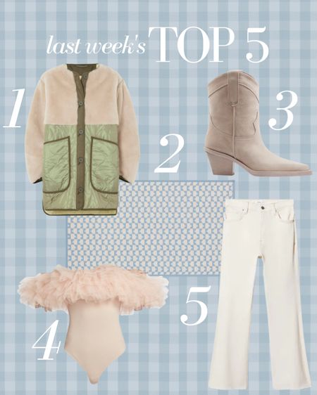 Last week’s top 5 best sellers! Marfa jacket, a $15 target kitchen rug, cowboy boots, a tulle bodysuit perfect for Valentine’s Day and flare jeans for under $50

#LTKshoecrush #LTKstyletip #LTKunder50