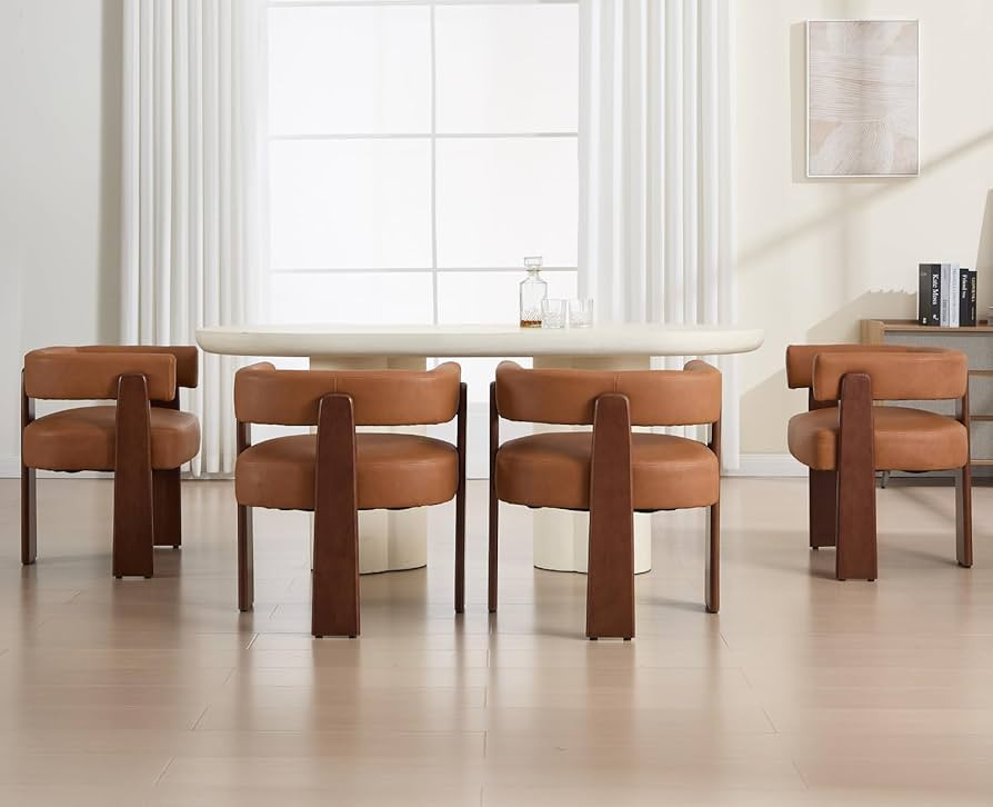 Brown Leather Barrel Dining Chairs Set of 4 Modern Upholstered Dining Room Chairs with Arms/Open ... | Amazon (US)