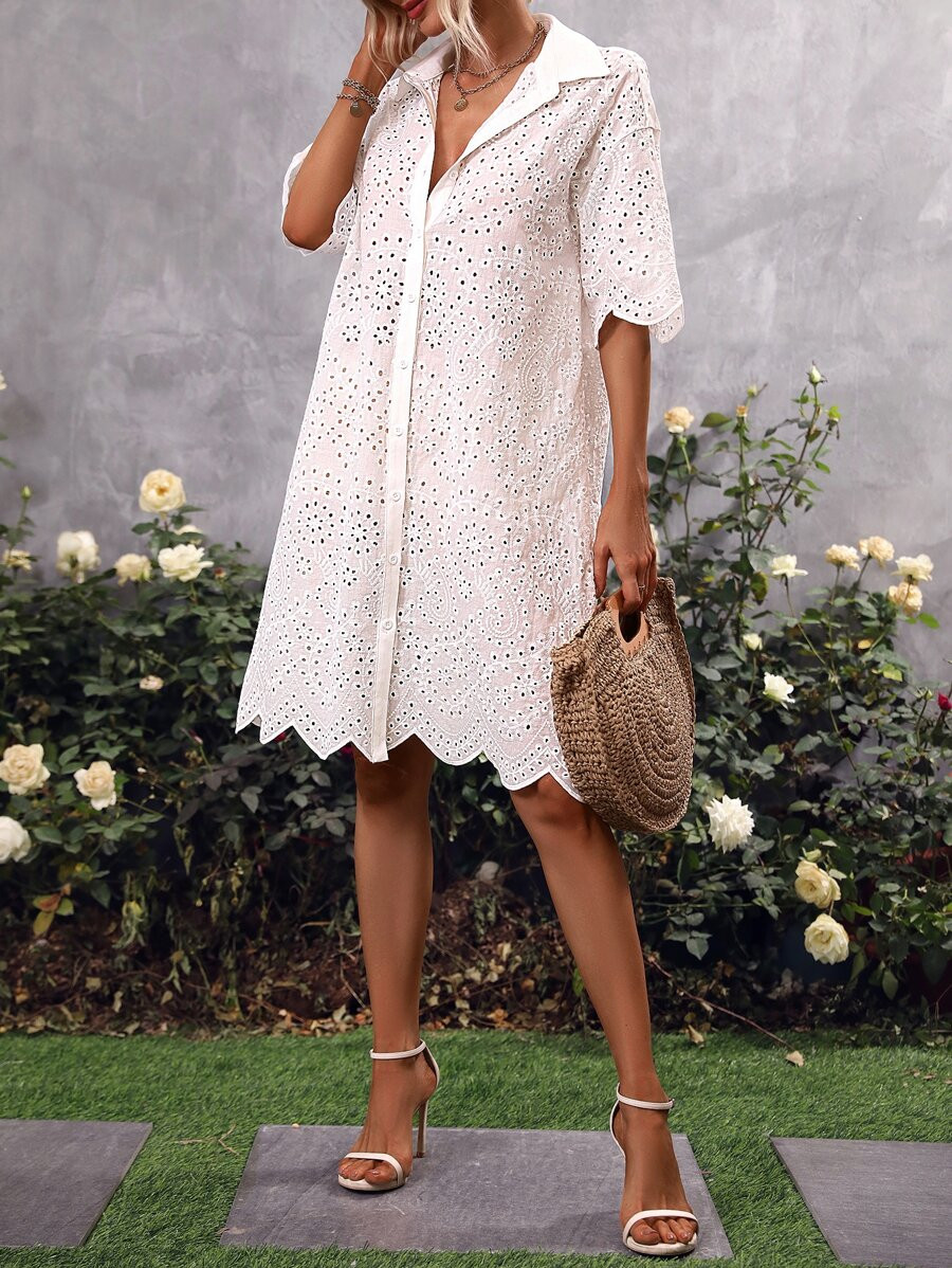 SHEIN VCAY Eyelet Embroidery Drop Shoulder Dress | SHEIN