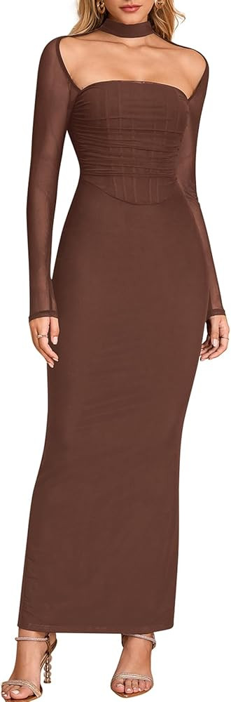 KUTUMAI Fall Long Sleeve Corset Halter Formal Wedding Guest Dresses for Women Elegant Bodycon Ruc... | Amazon (US)