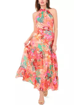 MSK Women's Sleeveless Halter Neck Leaf Print Maxi Dress | Belk