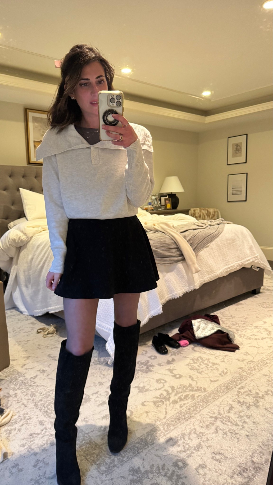 Mini skirt bows oversized sweater lapel knee high boots 

#LTKSeasonal #LTKmomlife #LTKHoliday