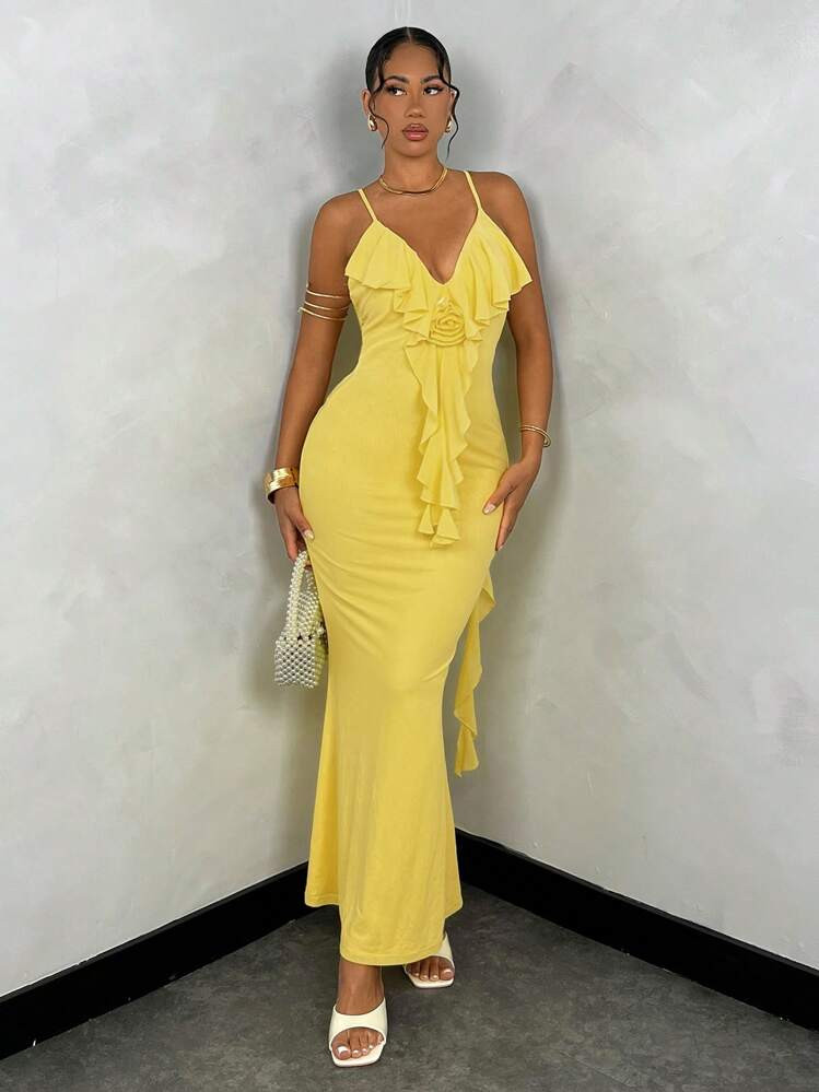 SHEIN BAE Ladies' Elegant Solid Color Mesh Sundress With Spaghetti Straps, V-Neck, Ruffle Trim, Open Back, And Mermaid Silhouette Perfect For Dates And Vacations | SHEIN