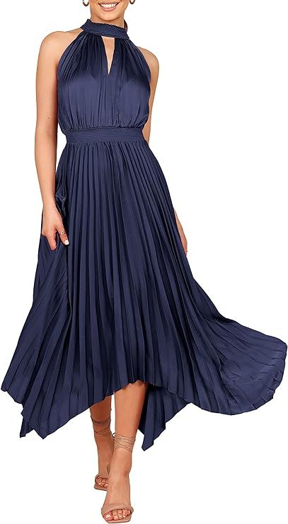 LOGENE Women's Elegant Sleeveless Cutout Halter Neck Satin Cocktail Dress Pleated Hem Twist Flowy... | Amazon (US)