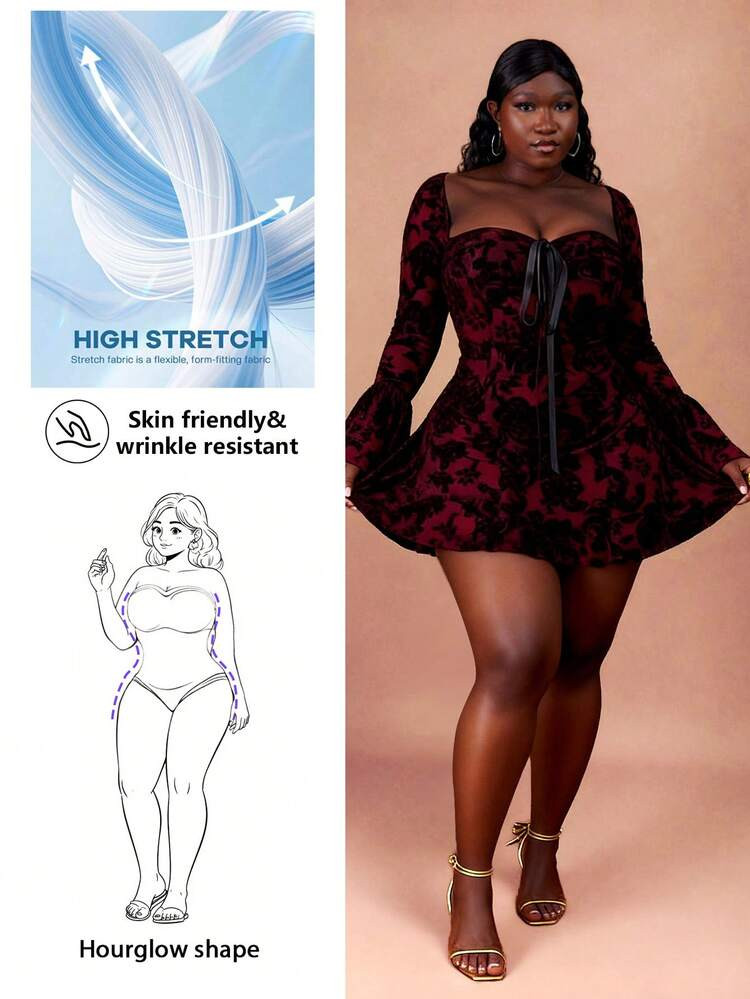 CurvyTilda Plus Size Women Sexy Sweetheart Neck Flare Sleeve Waist Cinched Floral Print Sheer Mesh Overlay Dress, Spring/Summer/Autumn,Valentine Day, For Hourglass Body Shape | SHEIN