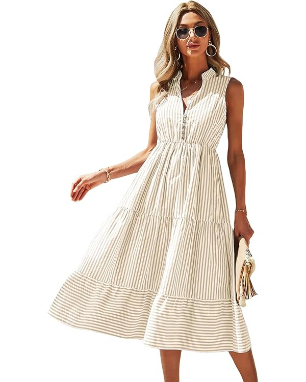 Floerns Women's Striped Print Notched Neck Sleeveless Ruffle A Line Midi Dress | Amazon (US)