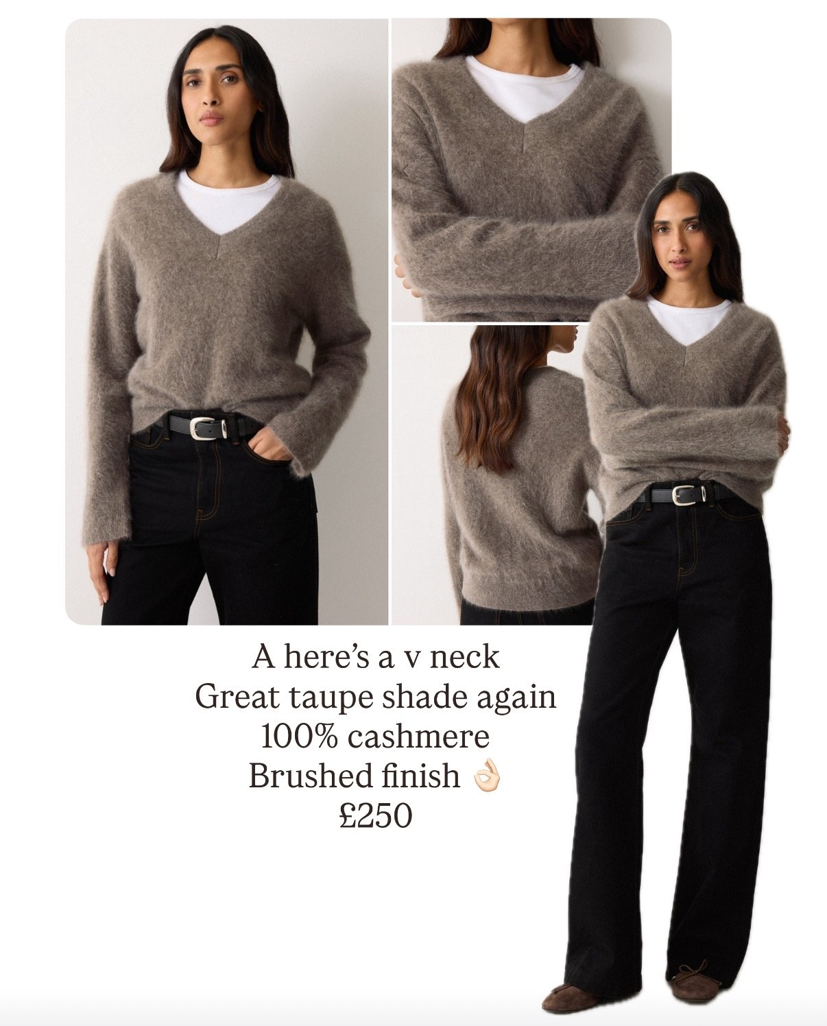 Lovely taupe cashmere sweater 
Luxe yarn with brushed finish 
And v neckline 

#LTKuk #LTKwinter #LTKautumn