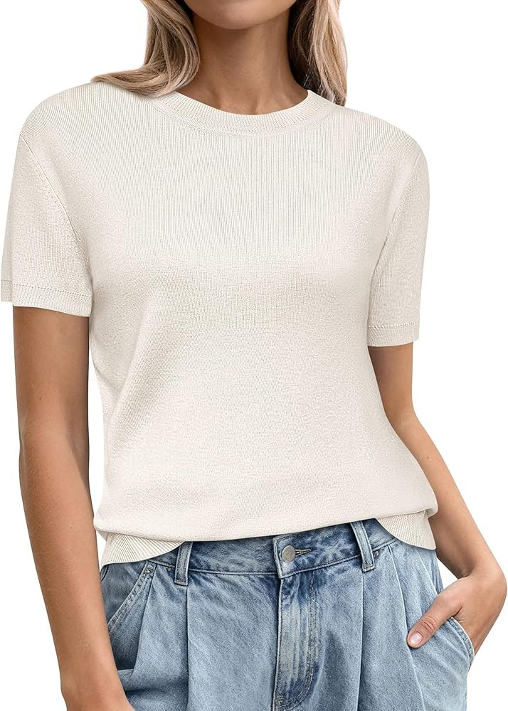 PRETTYGARDEN Women's Short Sleeve Sweaters 2026 Spring Crew Neck Knit Work Shirts Business Casual... | Amazon (US)