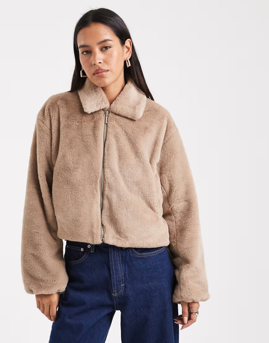 ONLY zip through faux fur jacket in beige-Neutral | ASOS (Global)