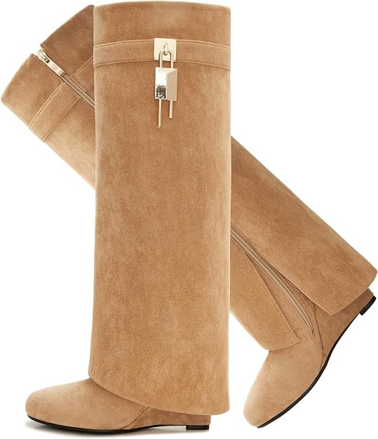 Women's Fold Over Knee High Shark Boots 4-Inch Wedge Heel Side Zipper | Amazon (US)