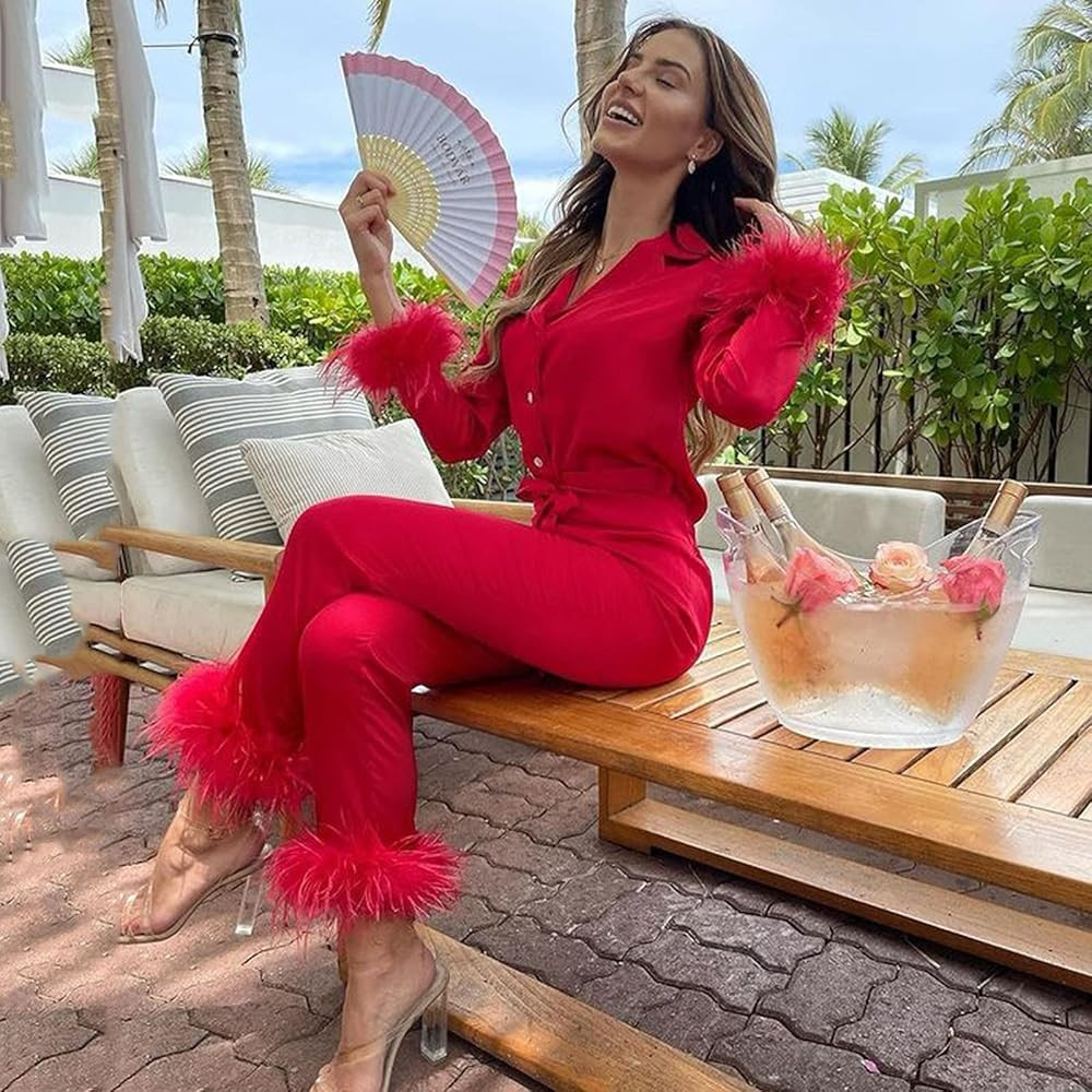 Women Feather Furry Trim Sleeve Pajama Set Soft Long Sleeve Button Down Top Long Pants Two Piece Sle | Amazon (US)