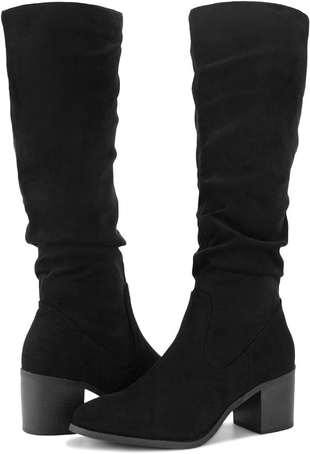 Shoe'N Tale Womens Knee High Boots Chunky Heel Pointed Toe Suede Slouchy Boots with Side Zipper | Amazon (US)