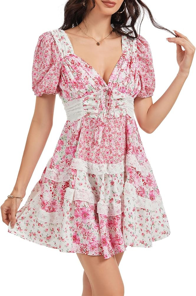 hibshaby Women's Floral Patchwork Dress V Neck Lace Layered Ruffle Flowy Babydoll Dress Puff Slee... | Amazon (US)