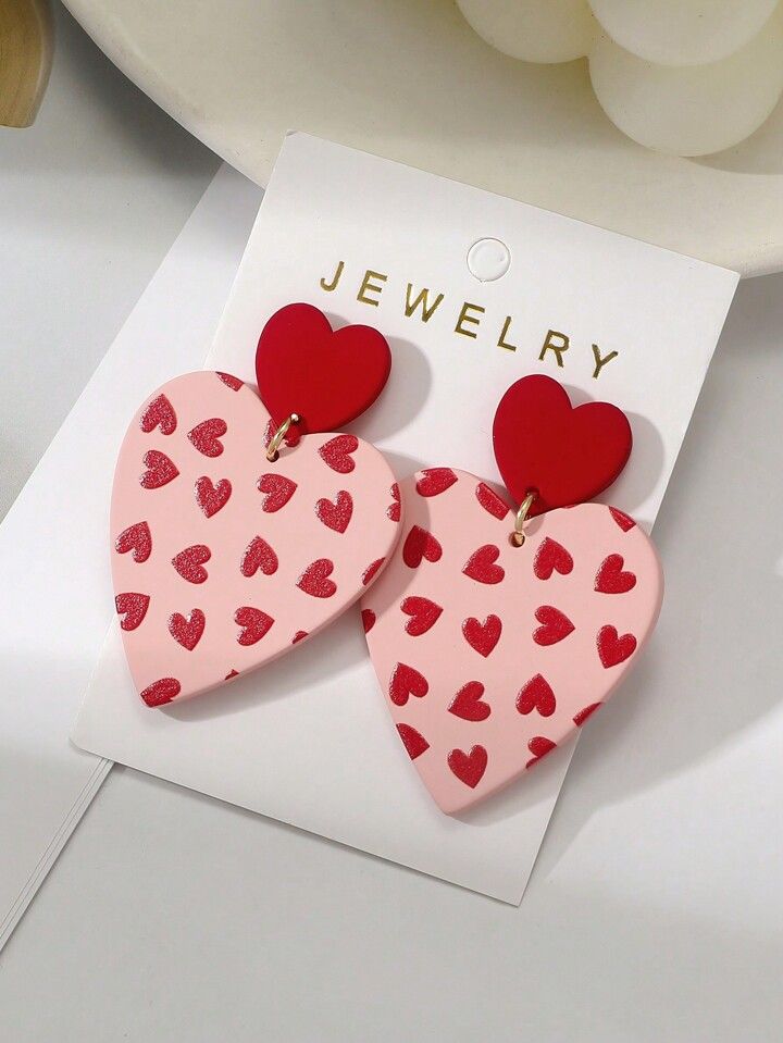 1pair Women Valentine's Day Large Heart & Small Heart Printed Ceramic Texture Romantic & Sexy Acr... | SHEIN