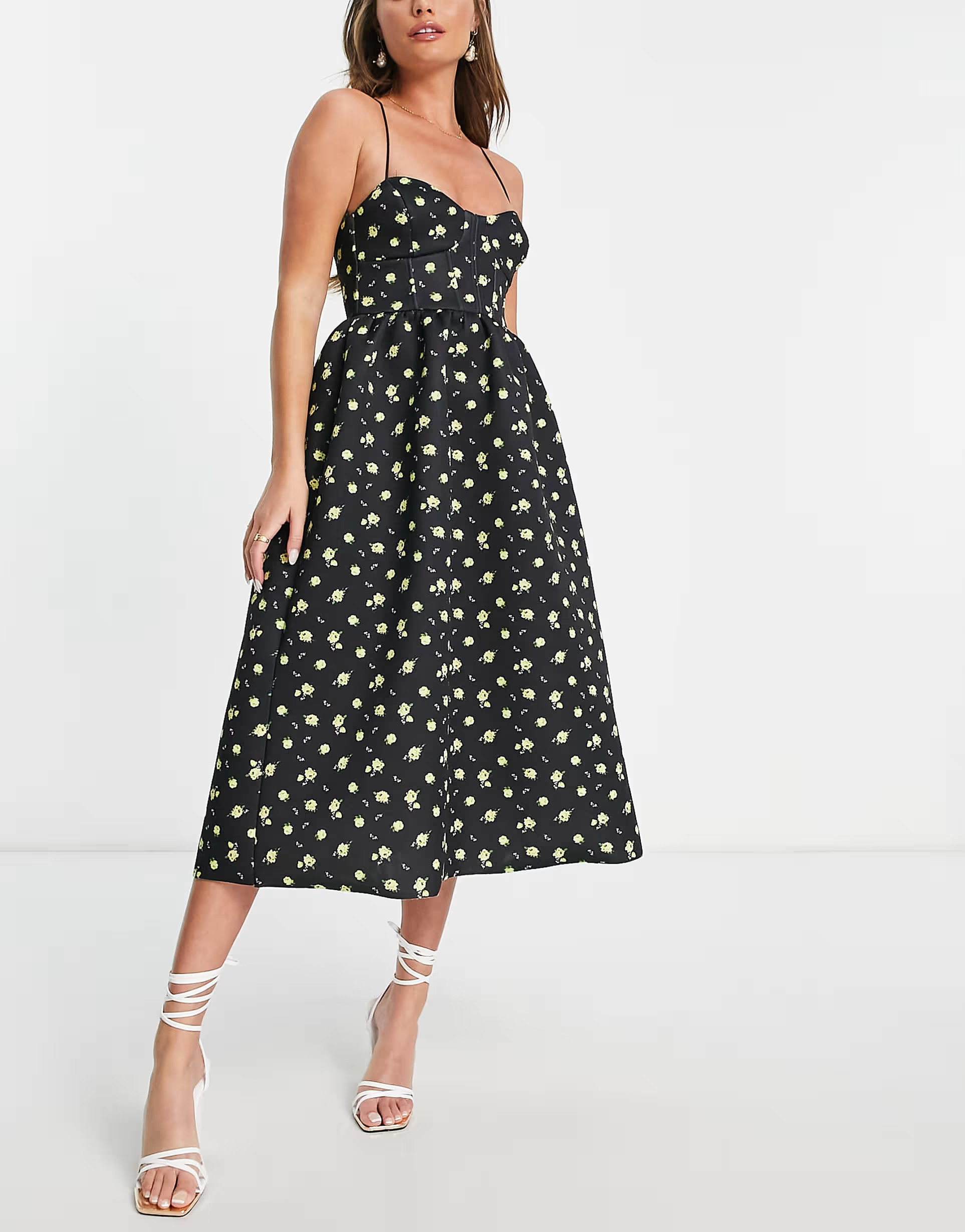ASOS DESIGN cupped midi prom dress in blue ditsy floral print | ASOS (Global)
