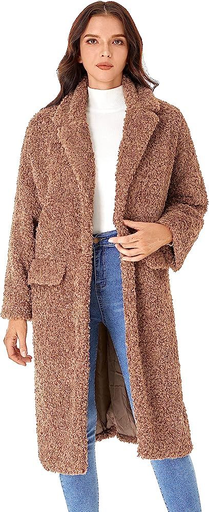 DIASHINY Women's Fuzzy Fleece Lapel Open Front Long Cardigan Coat Faux Fur Warm Winter Outwear Ja... | Amazon (US)