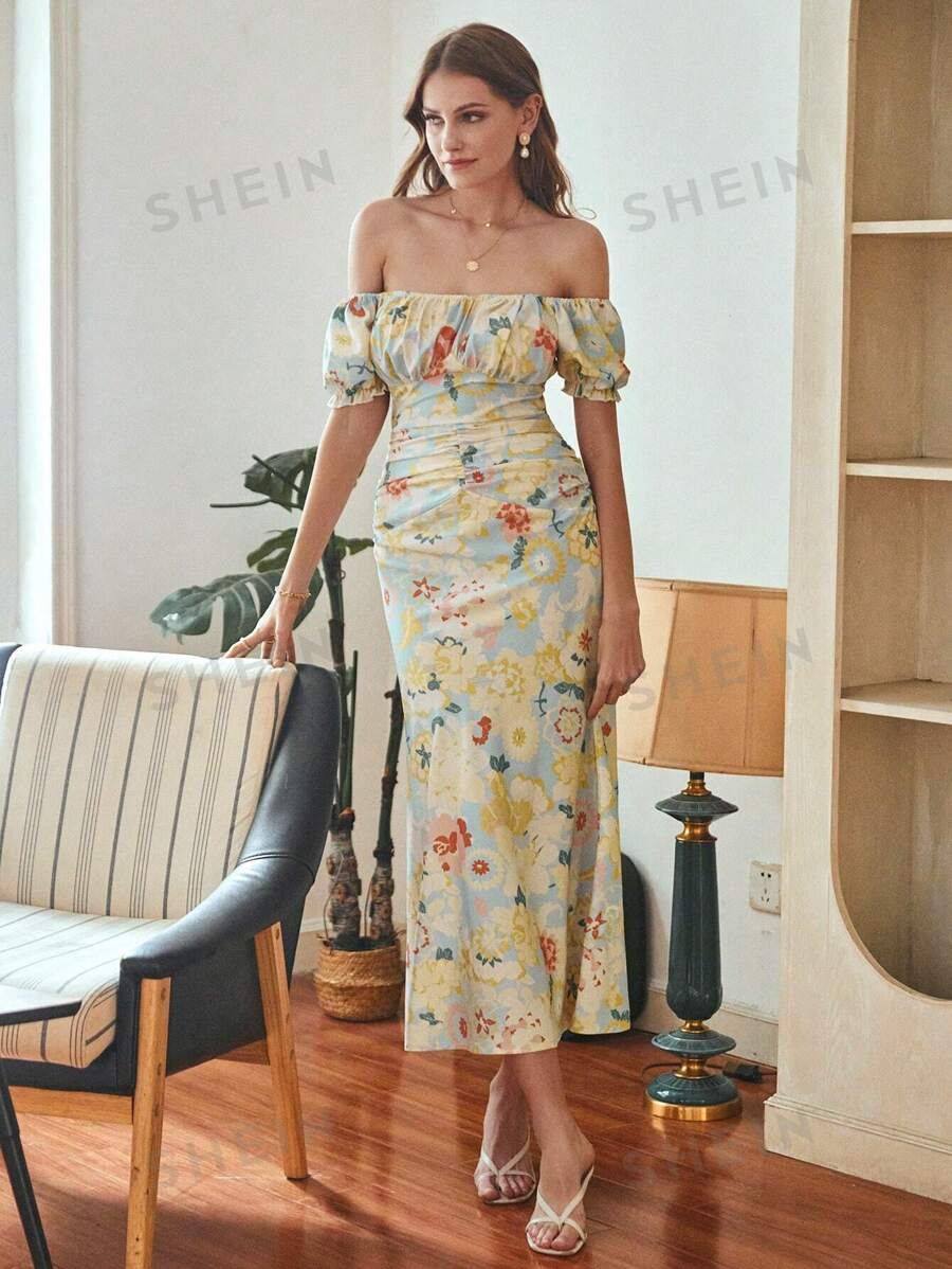 SHEIN Privé Randomly Selected Flower Print Off-Shoulder Dress | SHEIN