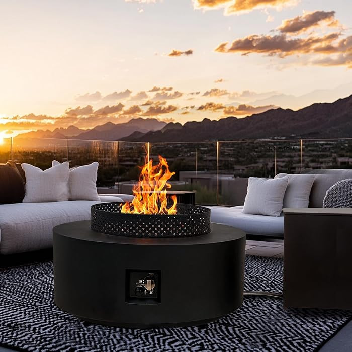 3-Piece Outdoor Fire Pit Table, 32 Inch Propane Fire Table 65,000 BTU Black Round Gas Firepit, Ba... | Amazon (US)