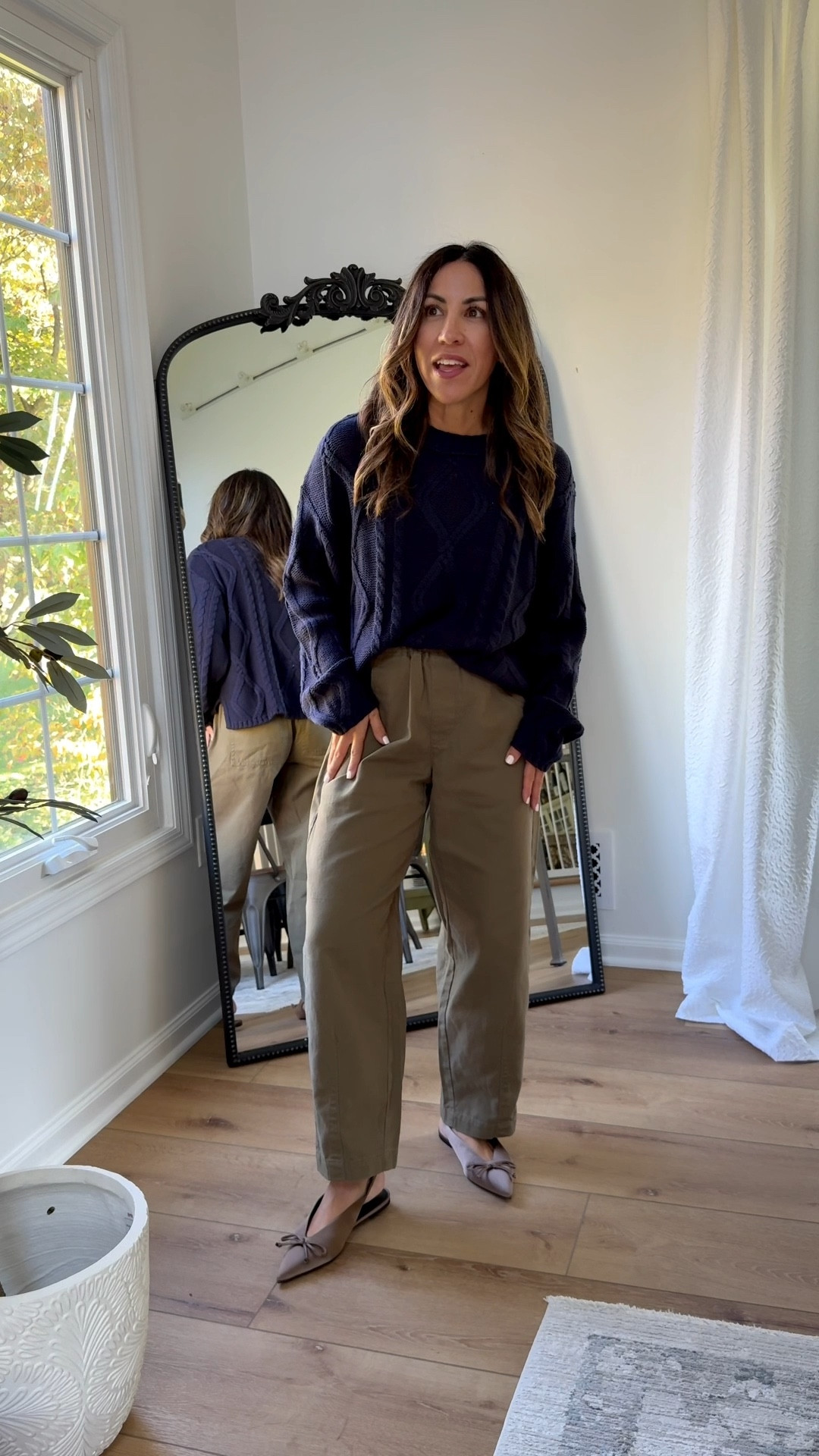 Xs barrel, pants, navy blue sweater, bow mules size down. Target style.

#LTKOver40 #LTKFindsUnder50 #LTKSaleAlert