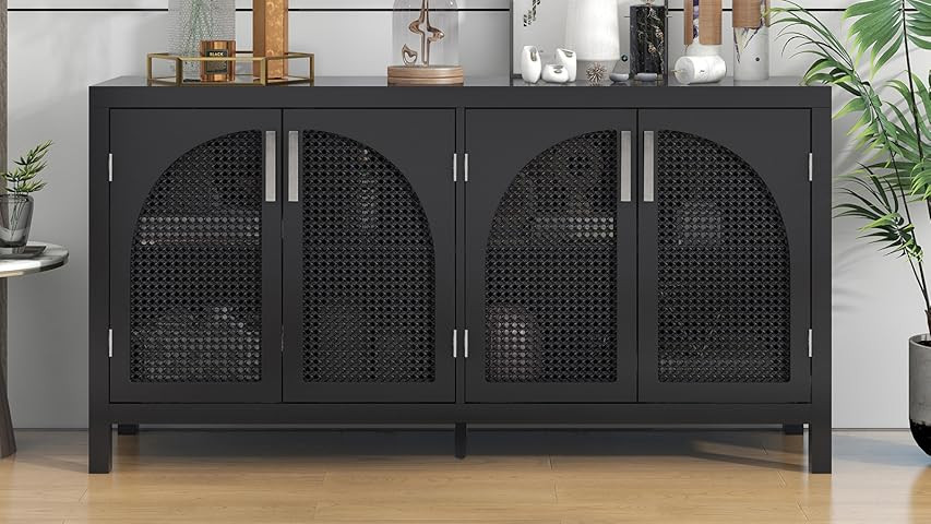 Large Storage Space Sideboard with 4 Artificial Rattan Door, Wooden Storage Cabinet with Metal Ha... | Amazon (US)