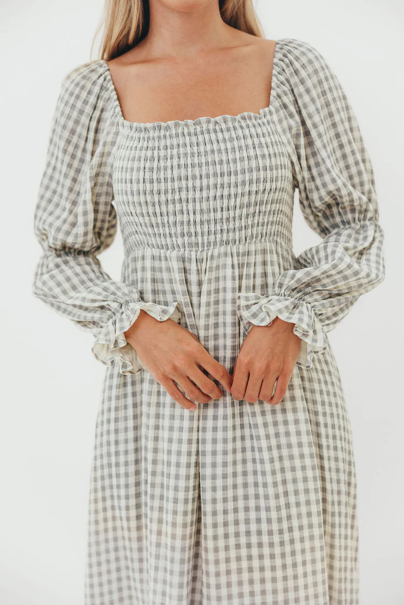 Emerson 100% Cotton Smocked Maxi Dress with Long Sleeves in Gray Sky - | Worth Collective