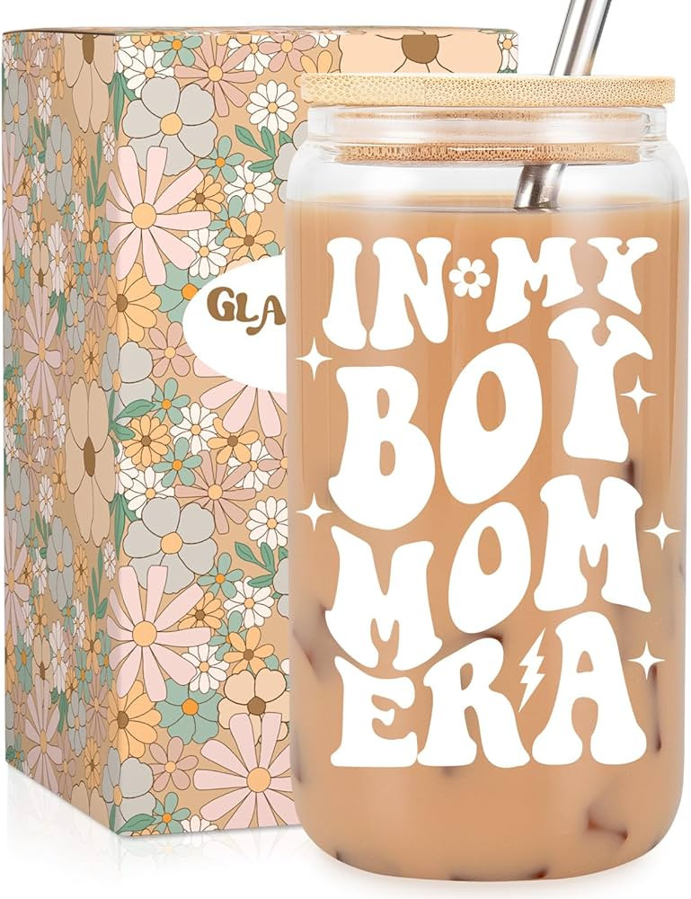 Fairy's Gift Boy Mom Iced Coffee Cup, Cute Boy Mom Gifts, 16oz Coffee Glass Cups with Lids Straws... | Amazon (US)