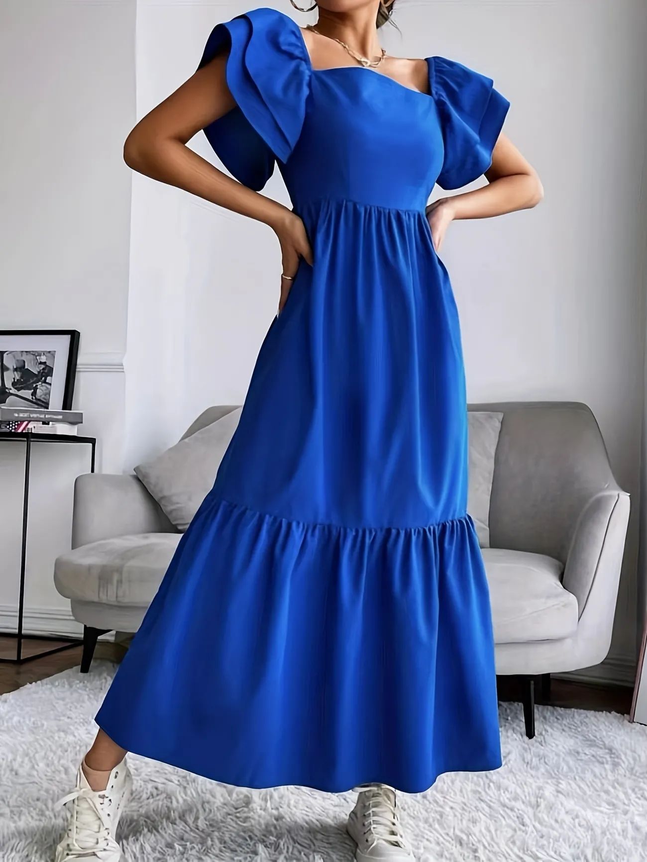 Tiered Solid Dress, Elegant Ruffle Sleeve High Waist Dress, Women's Clothing - Temu | Temu Affiliate Program