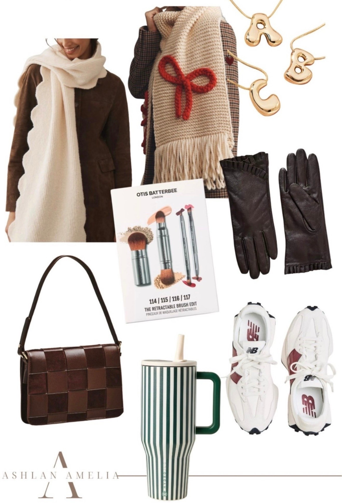 scalloped scarf, bow scarf, black gloves, makeup brushes, brown handbag, striped tumbler, new balance sneakers, monogram necklace, chic outfit 

#LTKSeasonal #LTKGiftGuide #LTKFindsUnder100