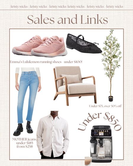 Sales and links of the day! 🤍✨ 

Emma’s lululemon running and workout sneakers are on sale today under $100 (a few color options!), our fave MOTHER jeans are on sale under $185, prettiest chair on sale at Wayfair today only, under $125, our coffee machine is back on sale and more! 

🎉