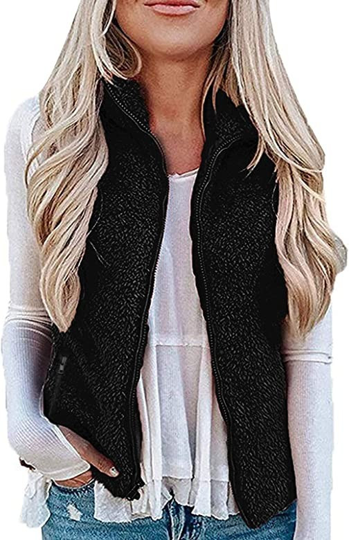 MEROKEETY Women's Casual Sherpa Fleece Lightweight Fall Warm Zipper Vest with Pockets | Amazon (US)