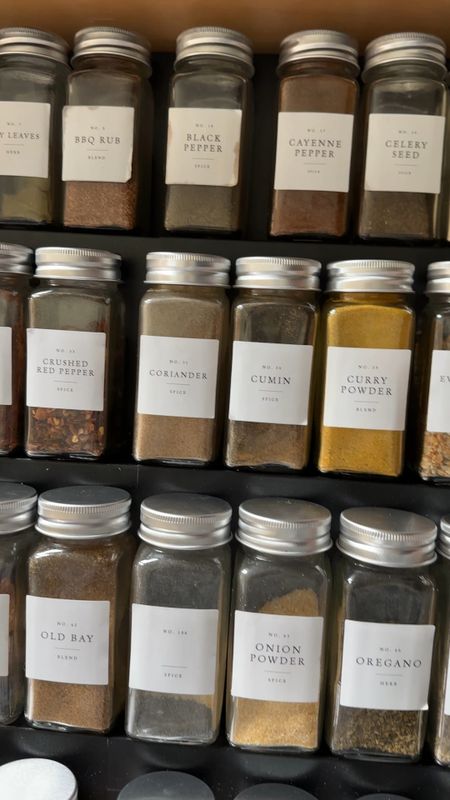 Stocking up on spices for the holidays! I love these pretty glass spice jars with labels that I keep on an expanding metal riser in a drawer in my kitchen. I order flat packs from The Spice House to refill these. Free shipping and less waste than buying jarred spices from the grocery store.

#LTKhome #LTKHoliday #LTKfindsunder50